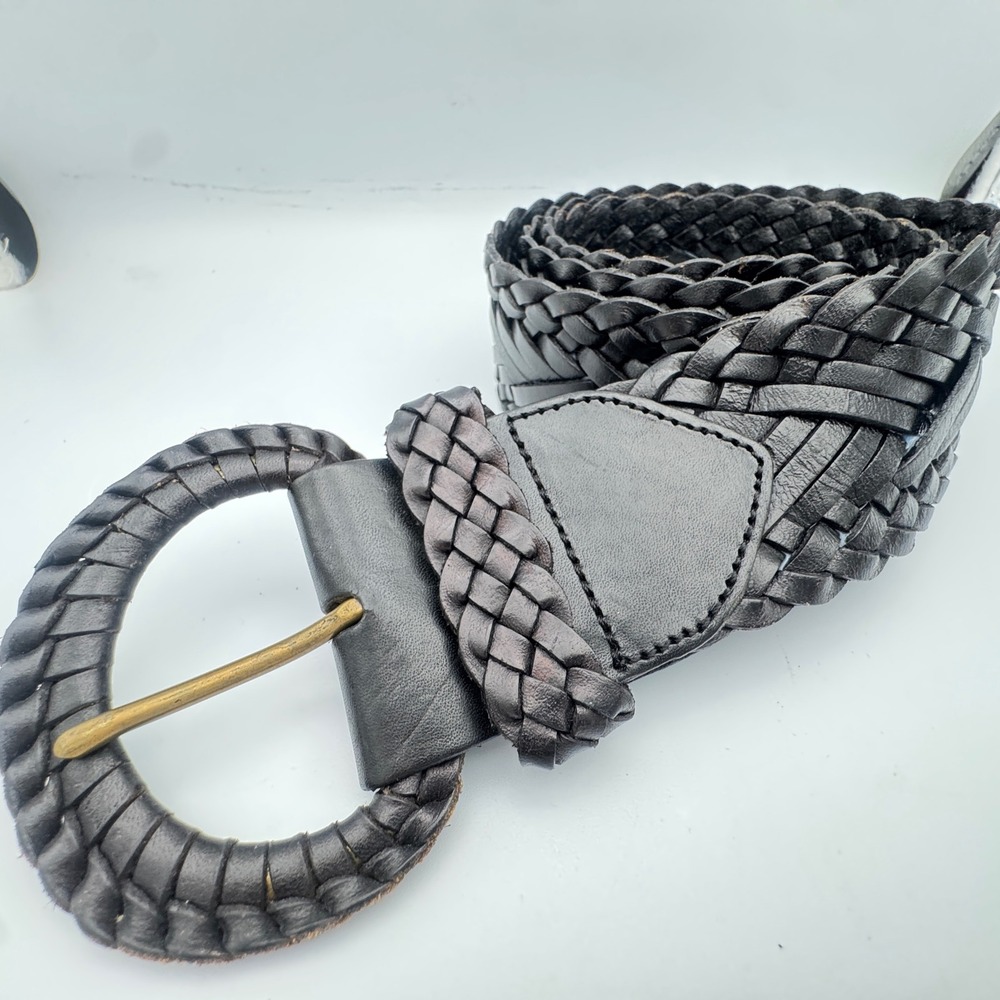 Vintage Black Braided Woven Leather Belt Wide Boho Round Buckle Brass Prong 40in